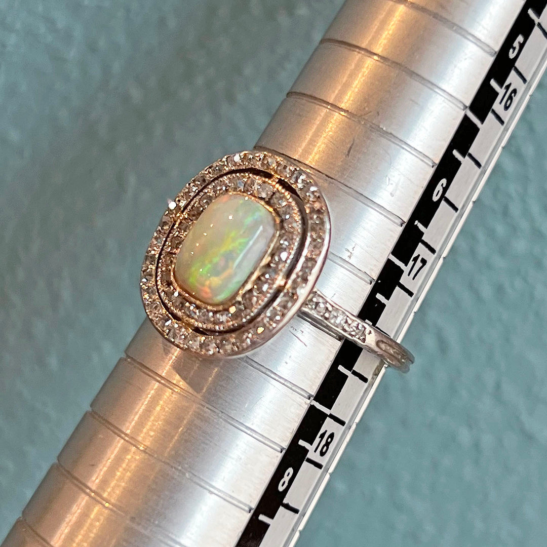 Antique Art Deco Halo Opal & Diamond Ring Platinum, c. 1920
