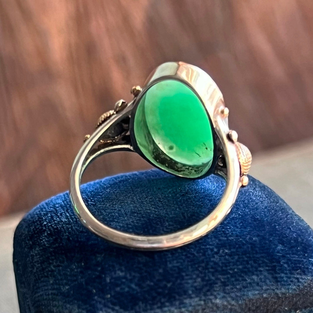 Detailed view of jade in silver setting