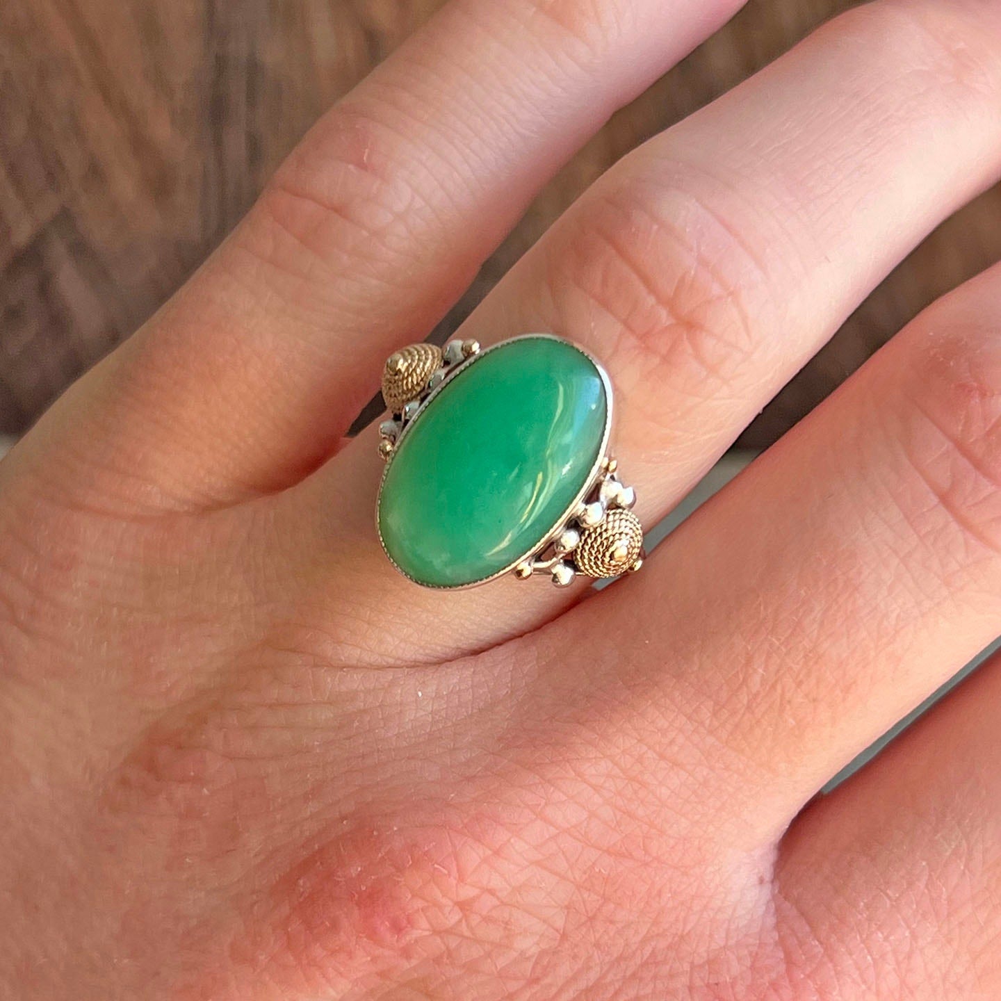 Antique Art Deco Jade Ring in Silver and Gold c. 1920