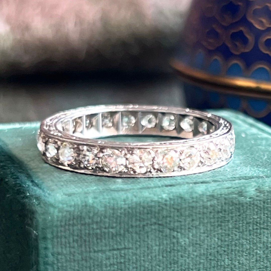 Vintage platinum diamond eternity ring close up
