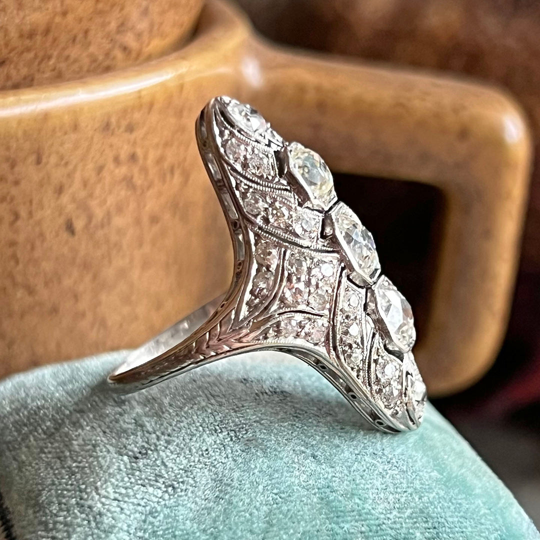 Antique Art Deco Ring Diamond Filigree Platinum c.1920