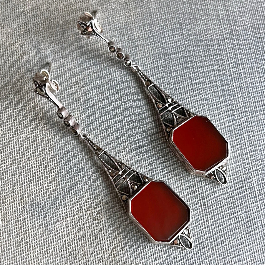 Antique Art Deco silver carnelian marcasite earrings
