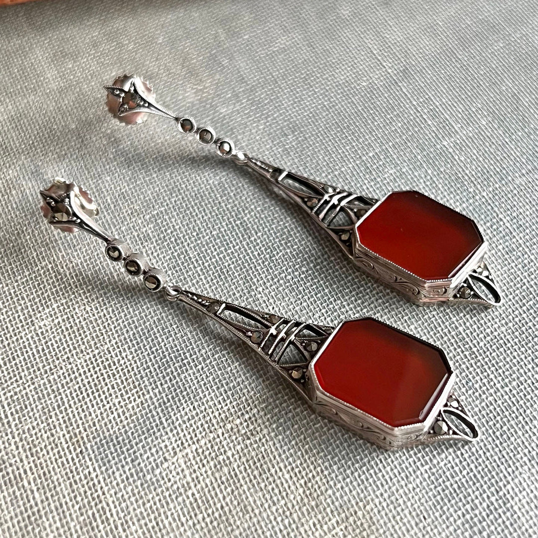 Close view of carnelian and marcasite drops
