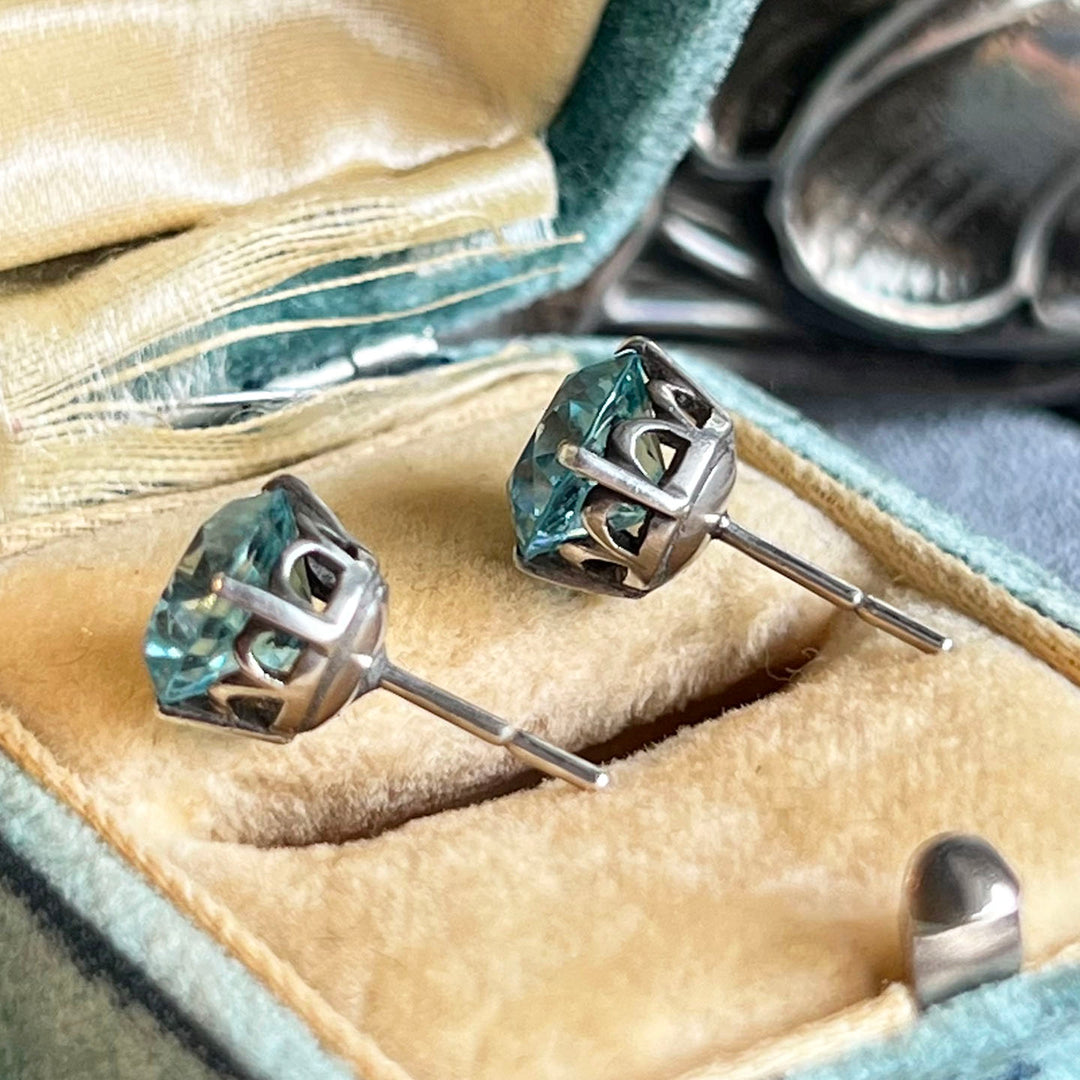 Antique Art Deco Zircon Earrings 18k White Gold Studs c. 1920