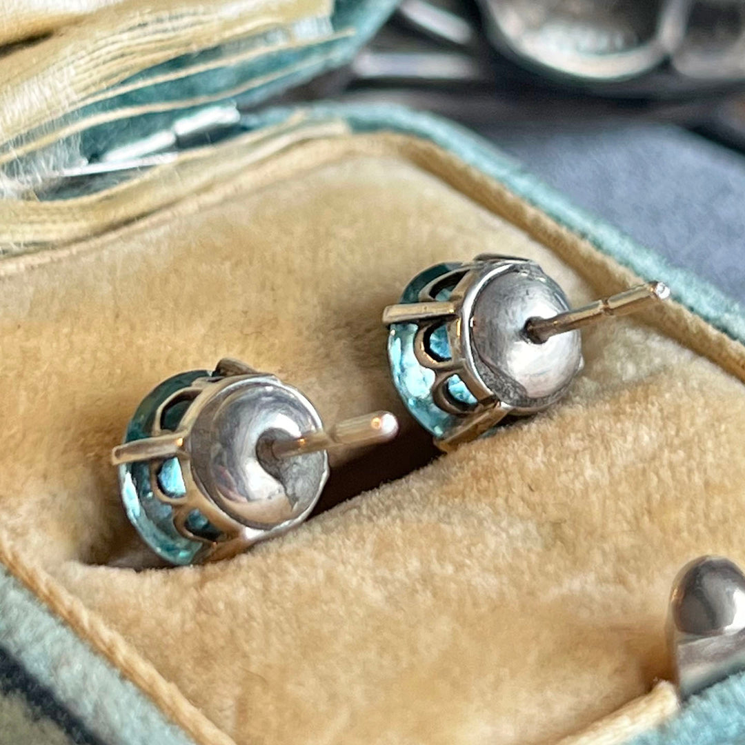 Antique Art Deco Zircon Earrings 18k White Gold Studs c. 1920