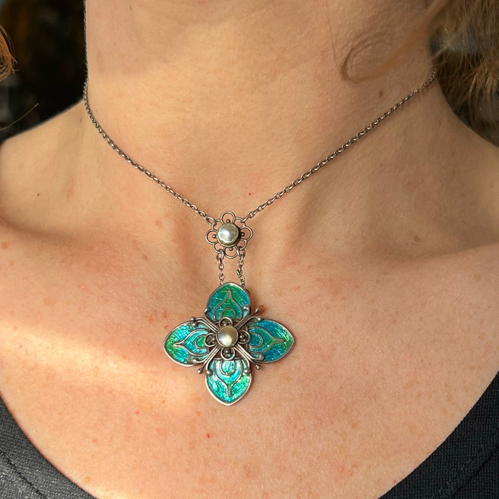 Antique Art Nouveau Drop Necklace Silver Enamel Mother-of-Pearl, Liberty & Co. c.1900
