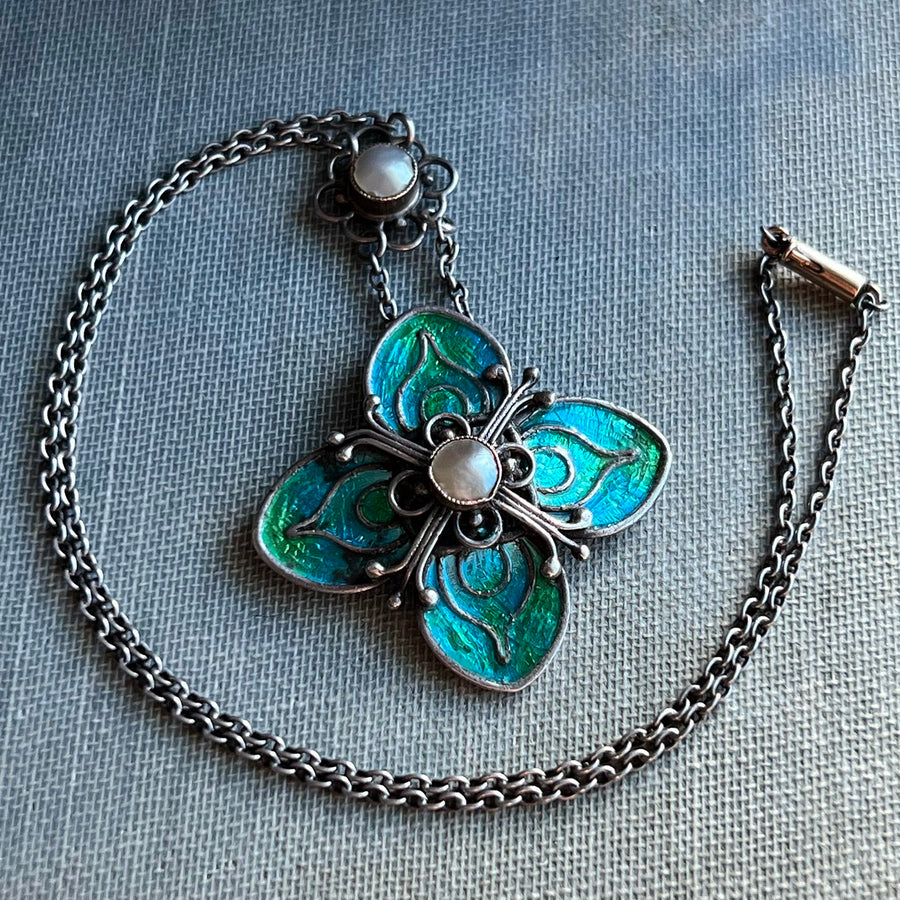 Antique Art Nouveau Drop Necklace Silver Enamel Mother-of-Pearl, Liberty & Co. c.1900