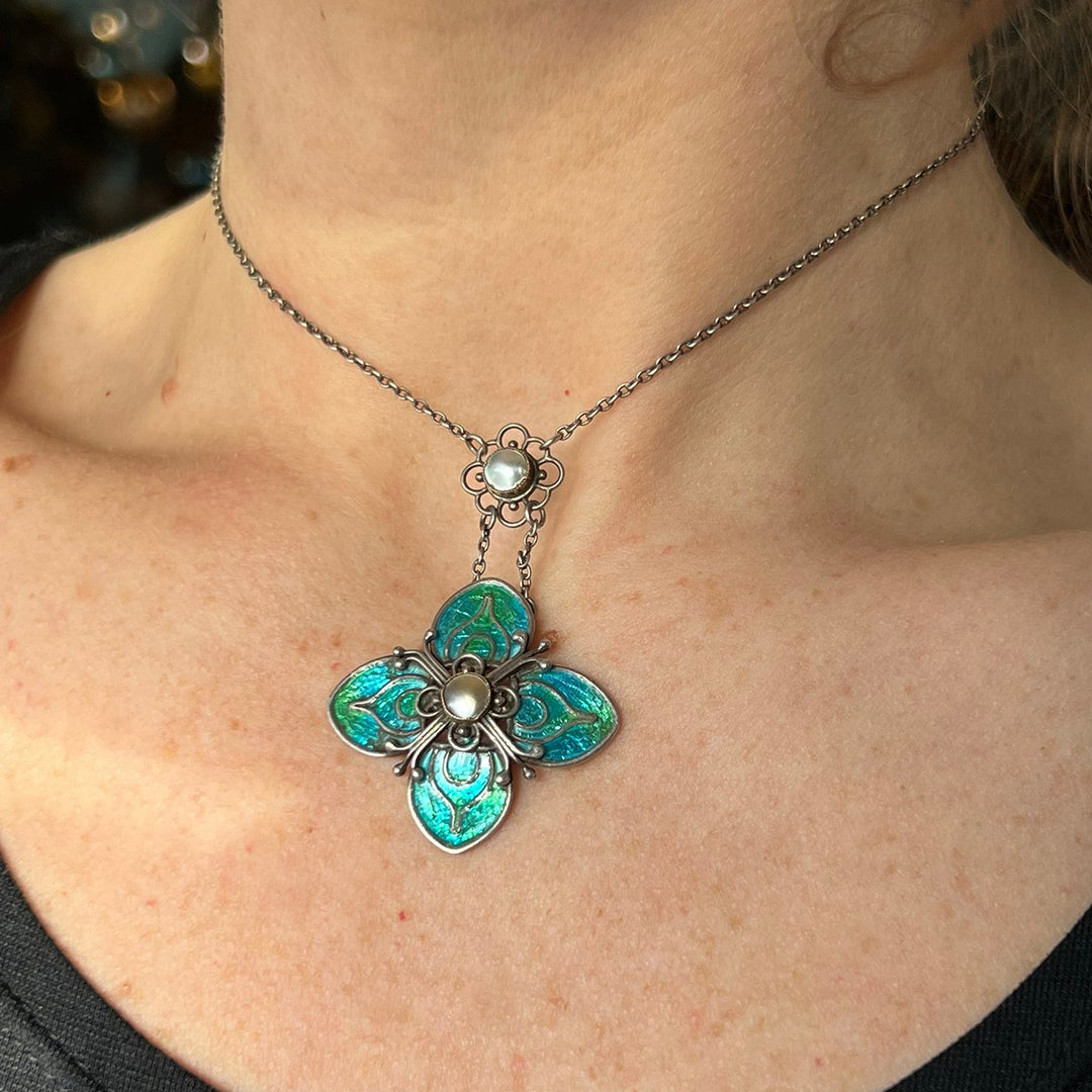 Antique Art Nouveau Drop Necklace Silver Enamel Mother-of-Pearl, Liberty & Co. c.1900