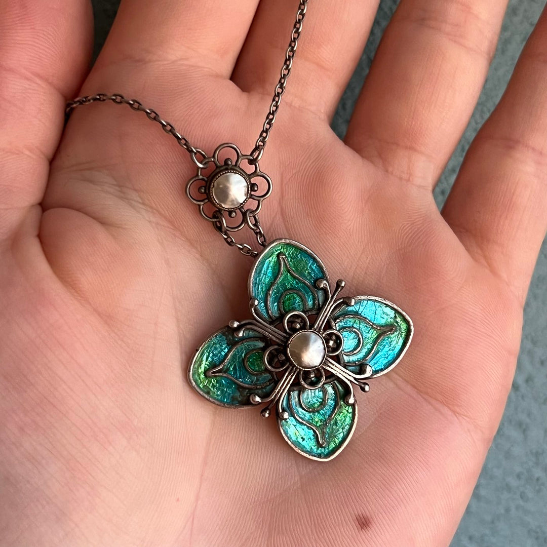 Antique Art Nouveau Drop Necklace Silver Enamel Mother-of-Pearl, Liberty & Co. c.1900