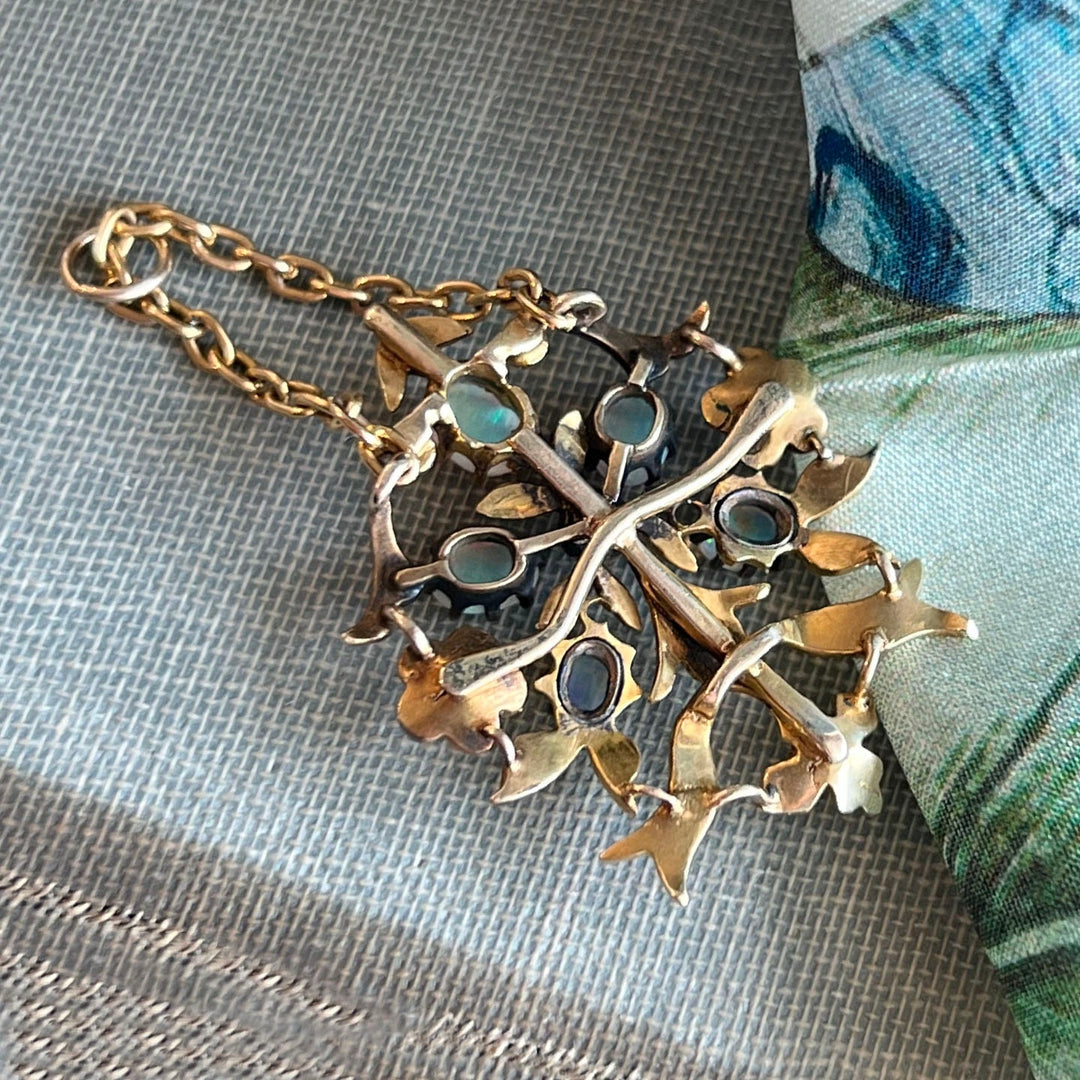 Antique Art Nouveau Floral Pendant Opal and Pearl 15k Gold, c.1900