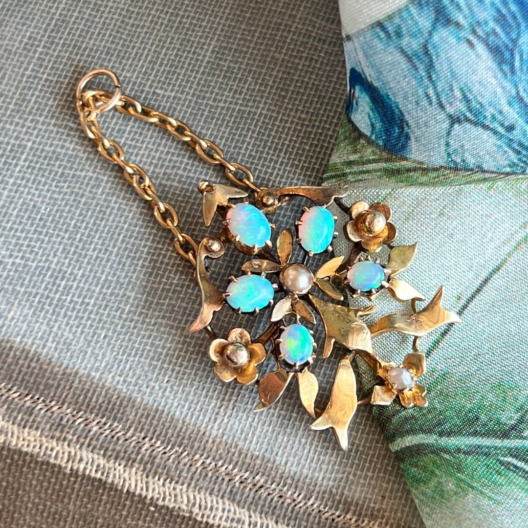 Antique Art Nouveau Floral Pendant Opal and Pearl 15k Gold, c.1900