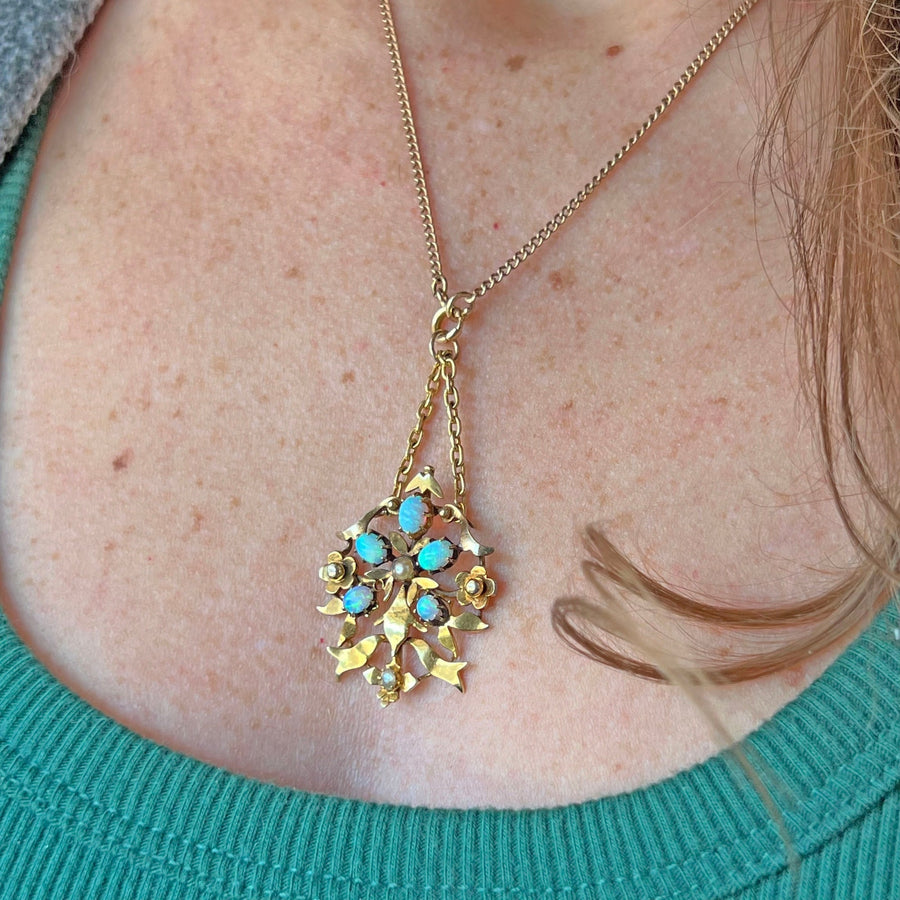 Antique Art Nouveau Floral Pendant Opal and Pearl 15k Gold, c.1900