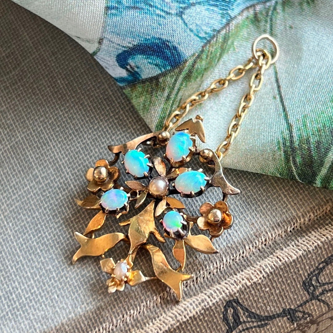Antique Art Nouveau Floral Pendant Opal and Pearl 15k Gold, c.1900