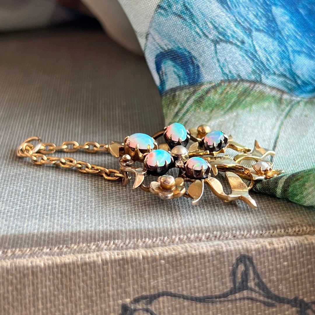 Antique Art Nouveau Floral Pendant Opal and Pearl 15k Gold, c.1900