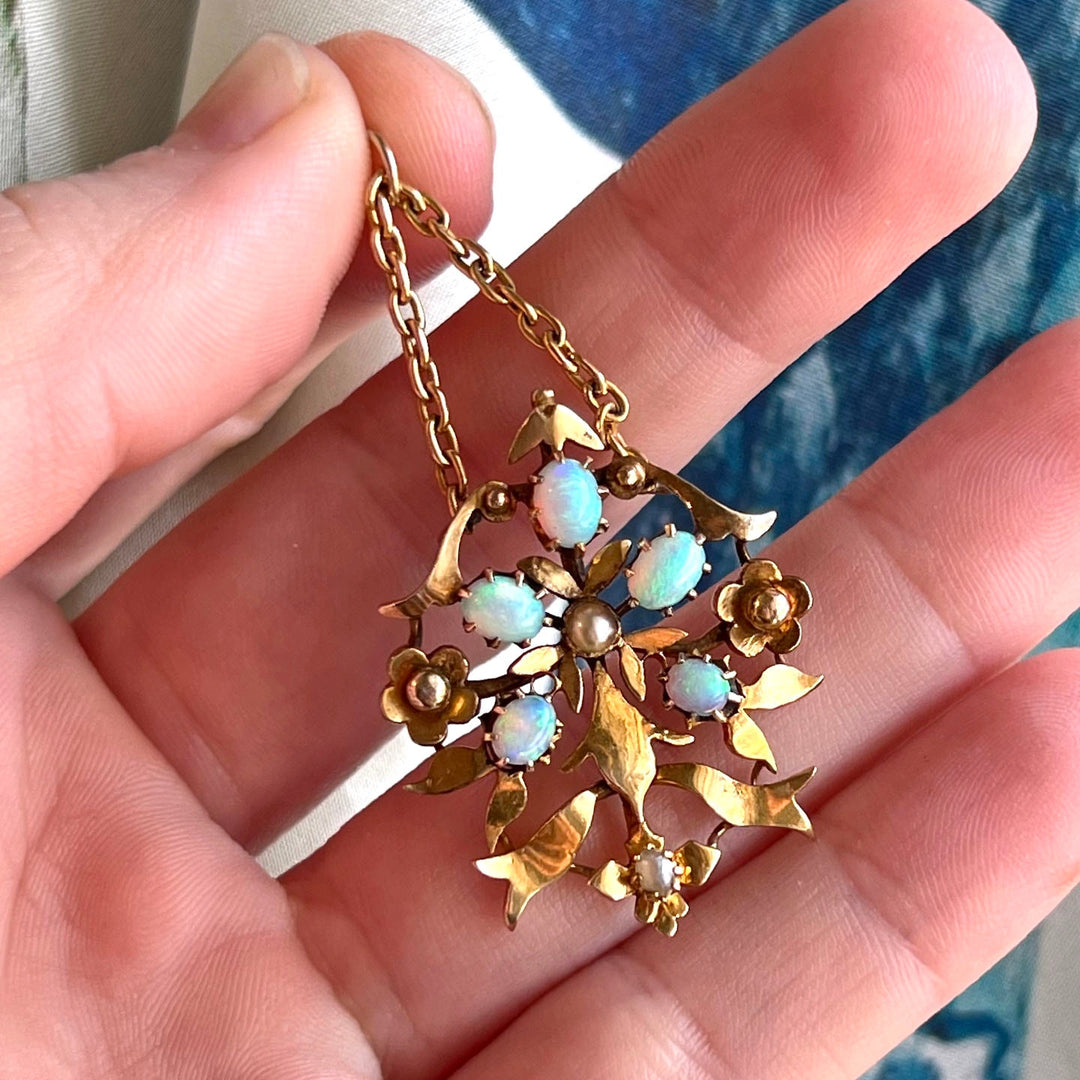 Antique Art Nouveau Floral Pendant Opal and Pearl 15k Gold, c.1900