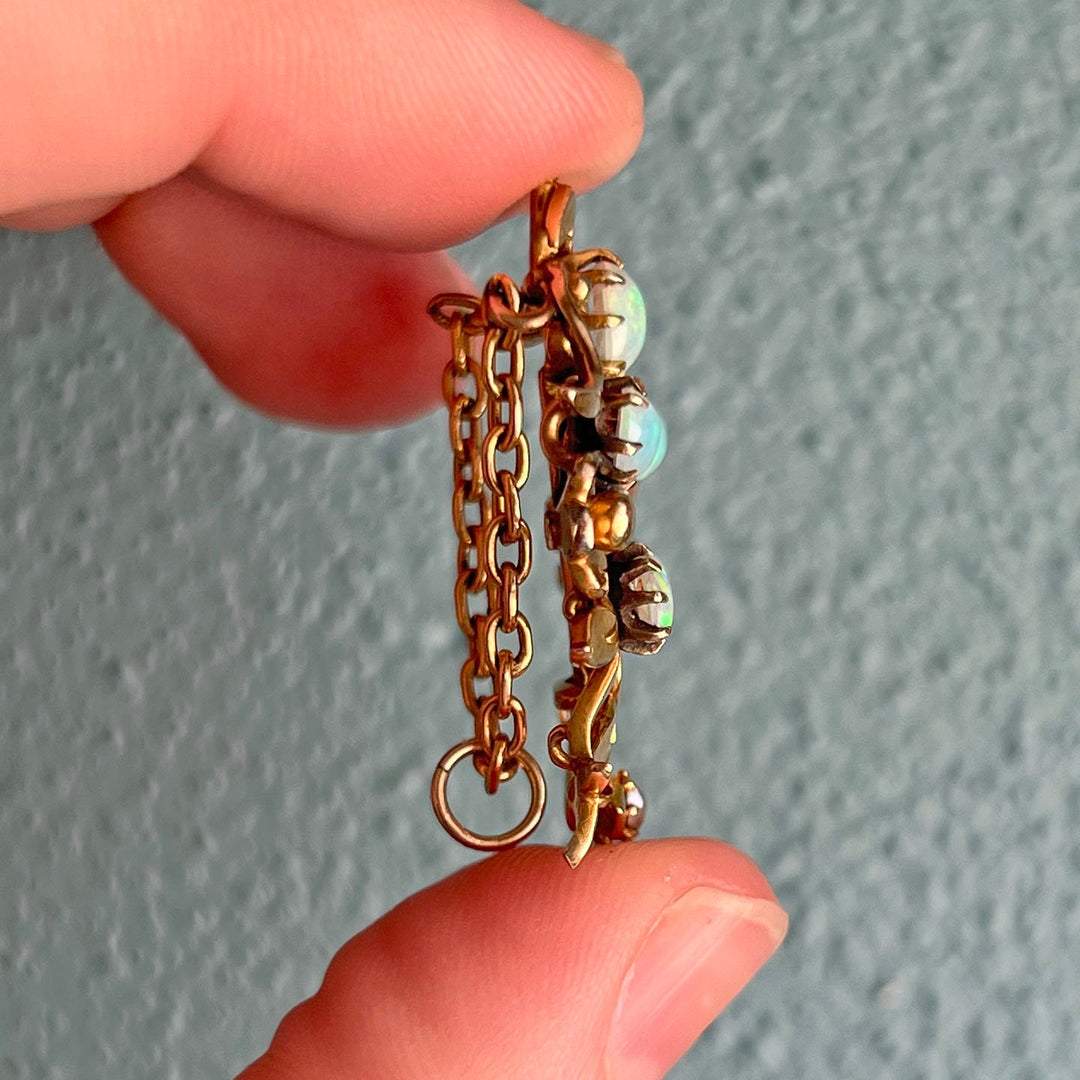 Antique Art Nouveau Floral Pendant Opal and Pearl 15k Gold, c.1900