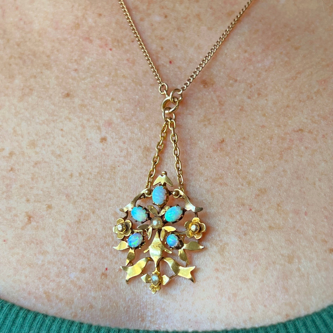 Antique Art Nouveau Floral Pendant Opal and Pearl 15k Gold, c.1900