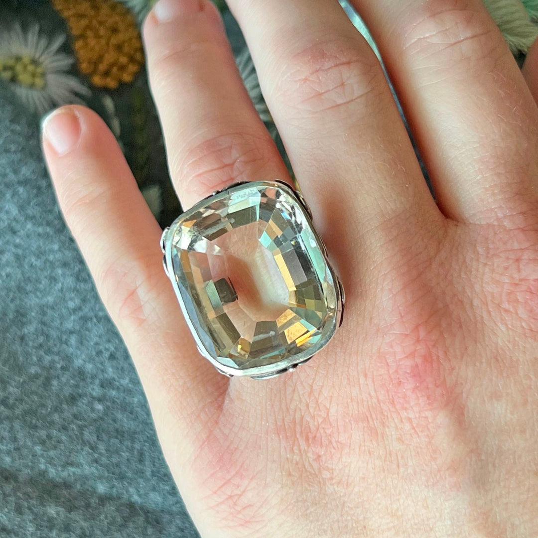Vintage silver crystal statement ring