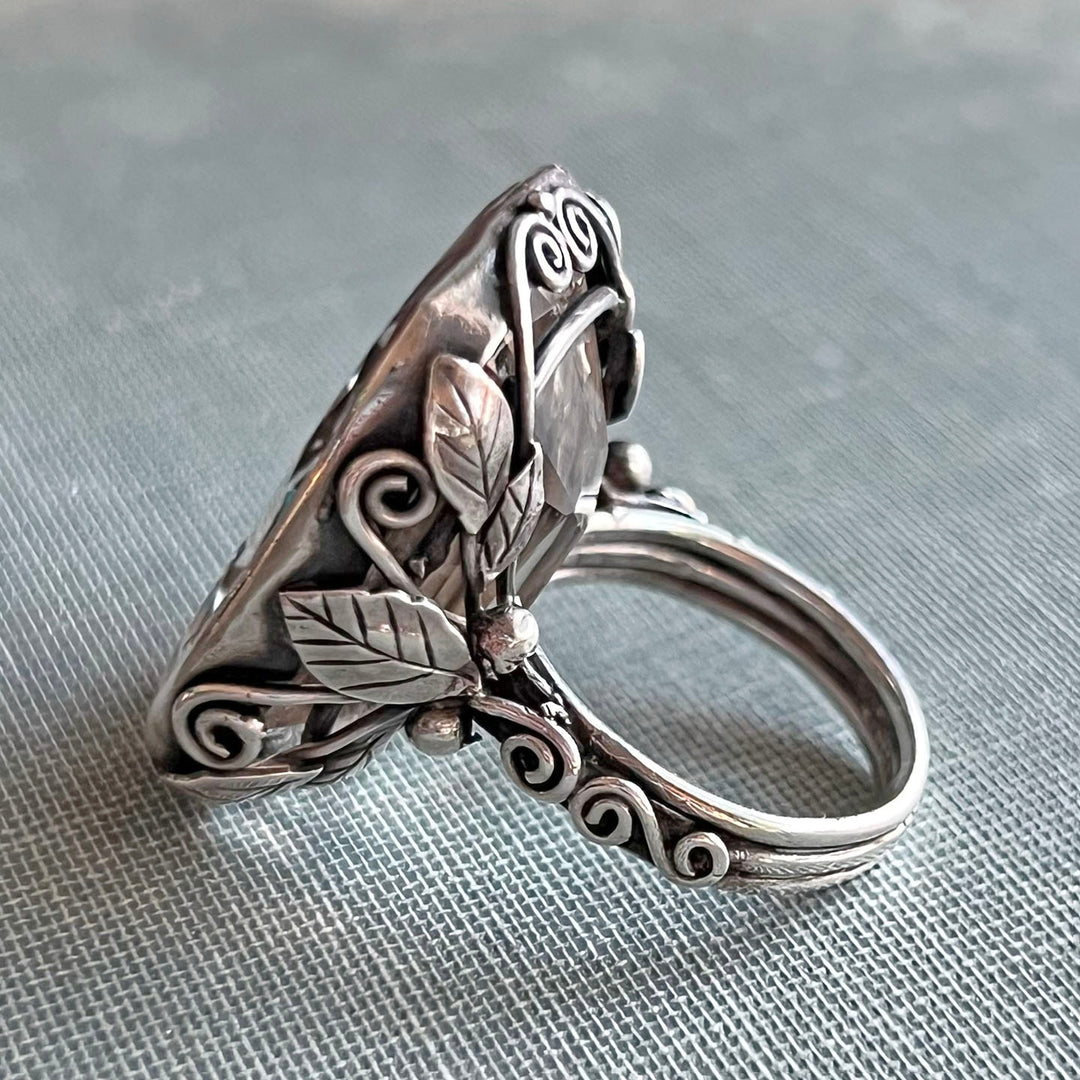 Detailed view of handcrafted silver setting