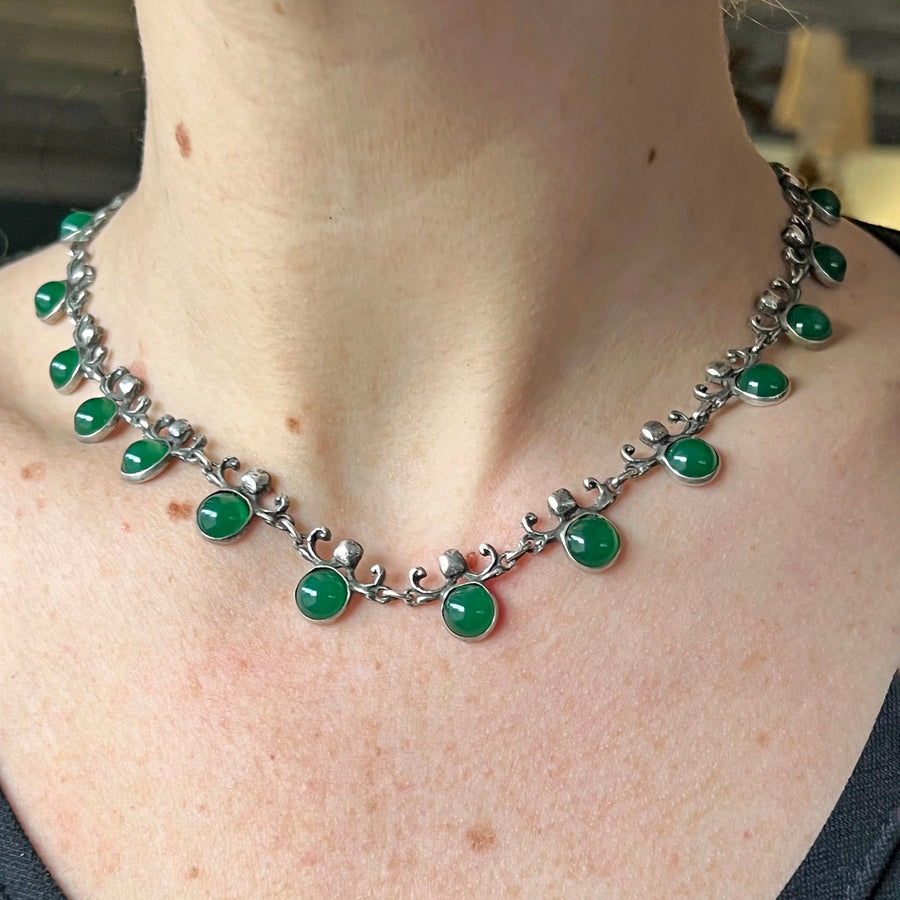 Antique Art Nouveau silver green glass necklace