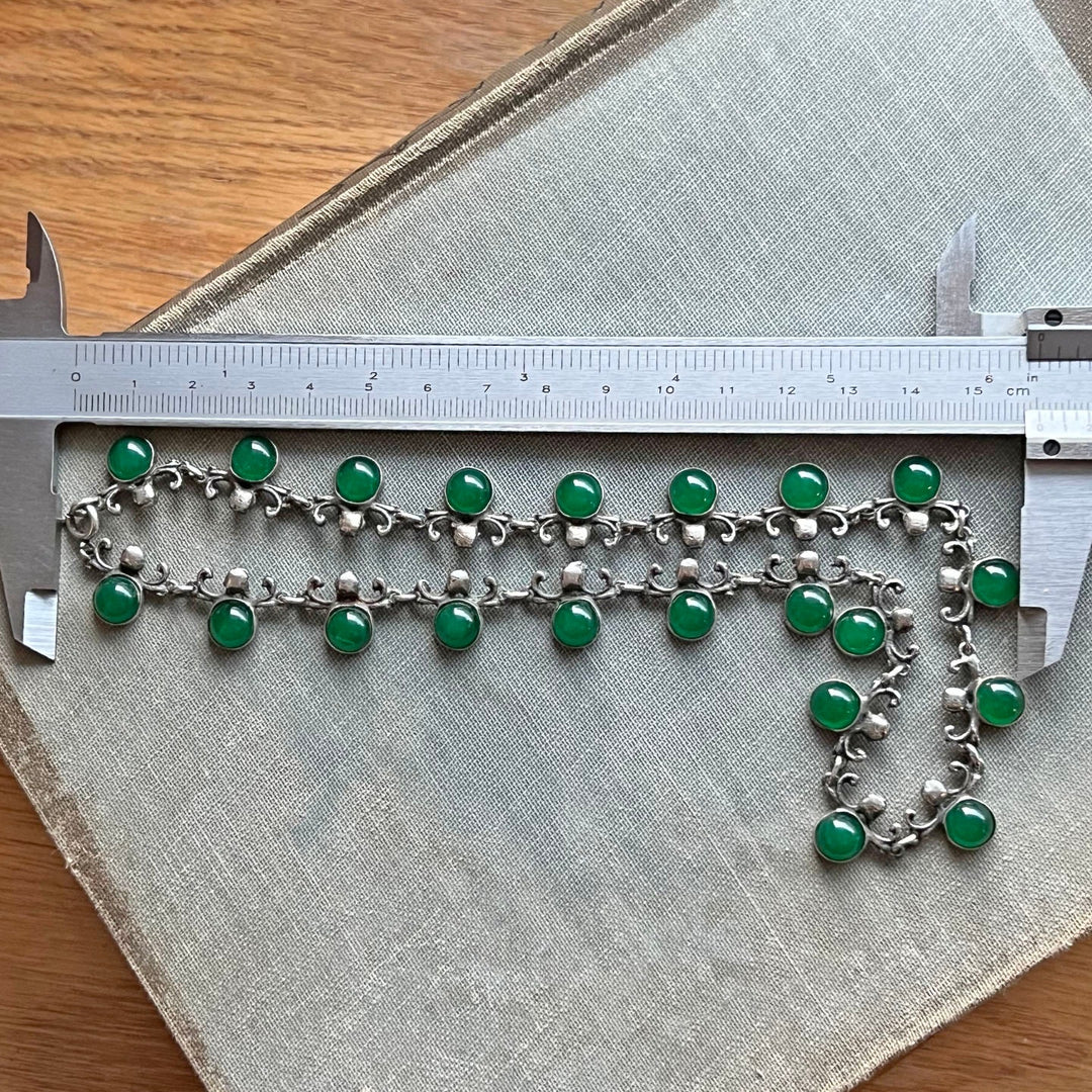 Antique Art Nouveau Silver Green Glass Necklace, Foliate Link Design c. 1910