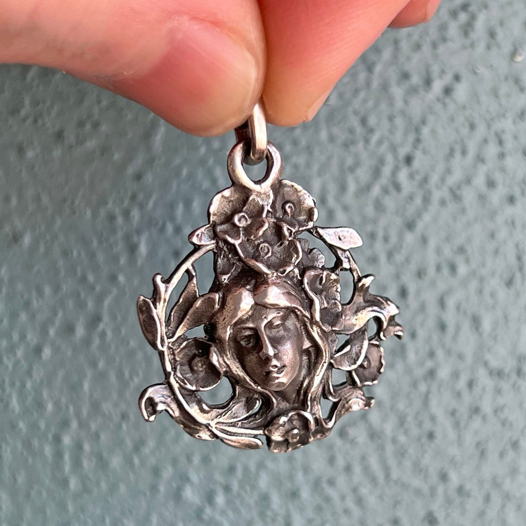 Antique Art Nouveau Sterling Silver Maiden Pendant