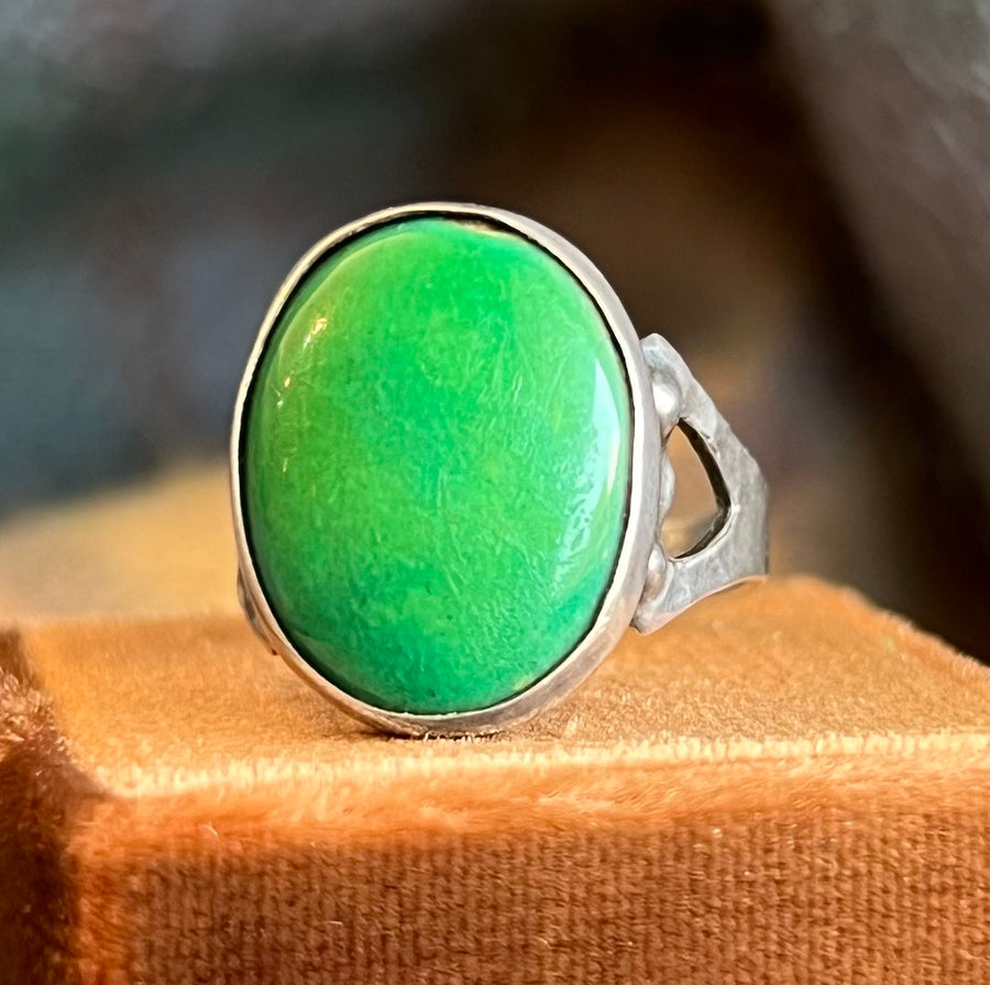 Antique Arts and Crafts Green Ceramic Ring Sterling Silver c. 1910