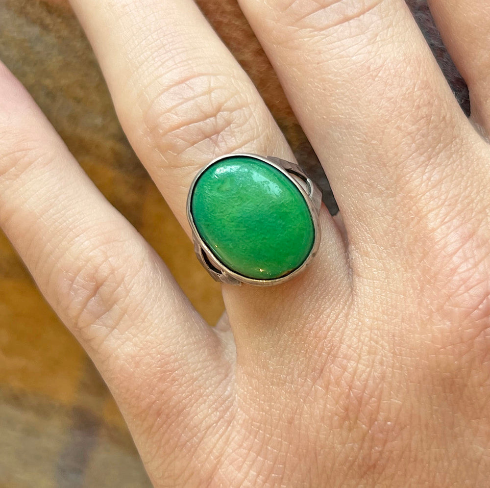 Antique Arts and Crafts Green Ceramic Ring Sterling Silver c. 1910