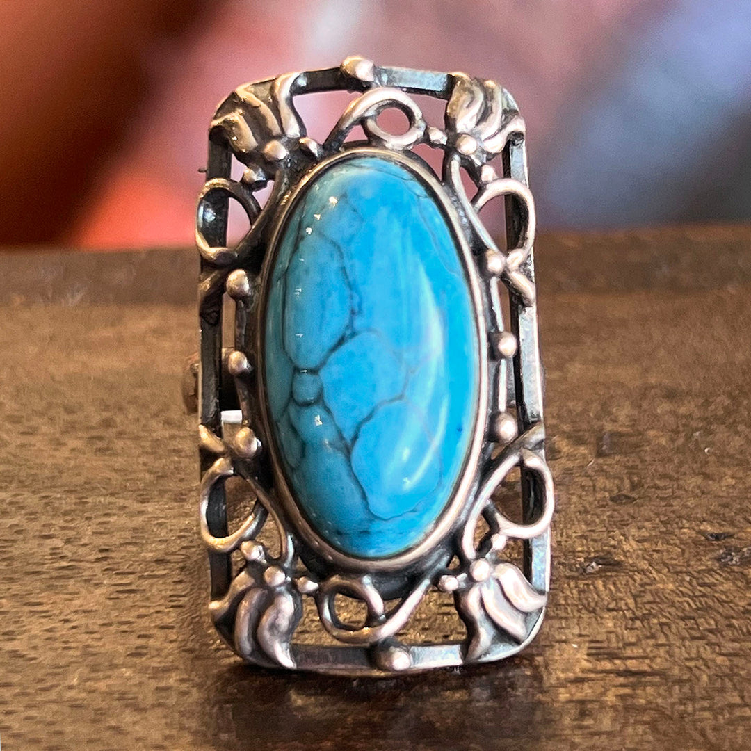 Antique Arts and Crafts Ring Silver Blue Glass Bernard Instone, c.1910