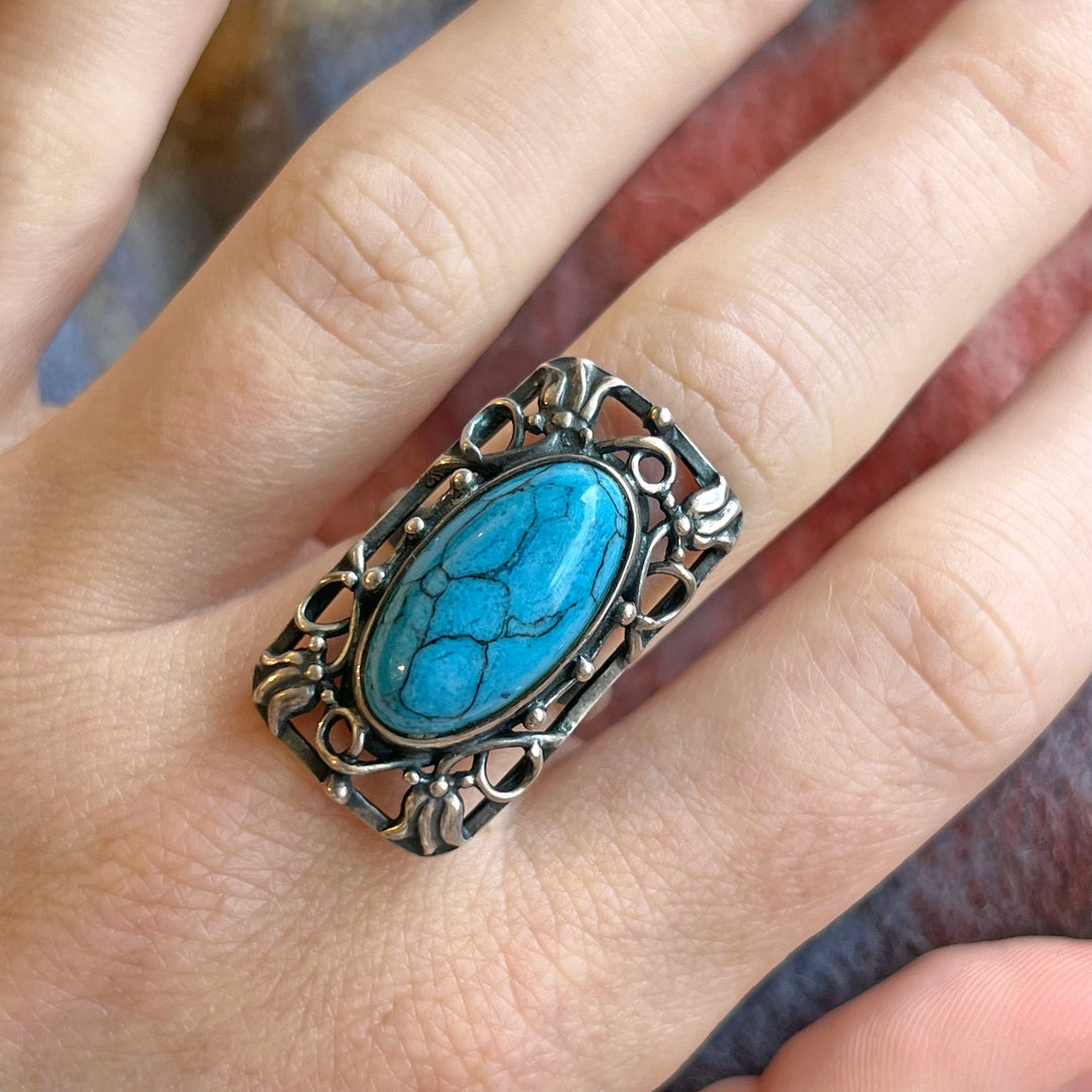 Antique Arts and Crafts Ring Silver Blue Glass Bernard Instone, c.1910