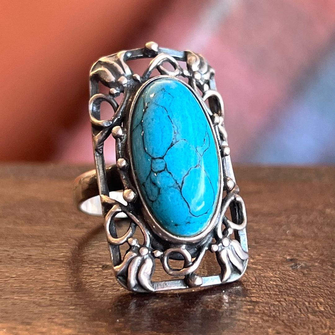 Antique Arts and Crafts Ring Silver Blue Glass Bernard Instone, c.1910