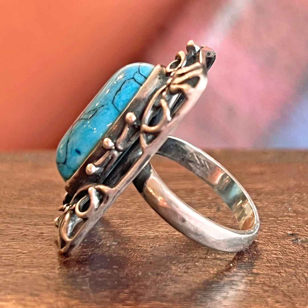 Antique Arts and Crafts Ring Silver Blue Glass Bernard Instone, c.1910