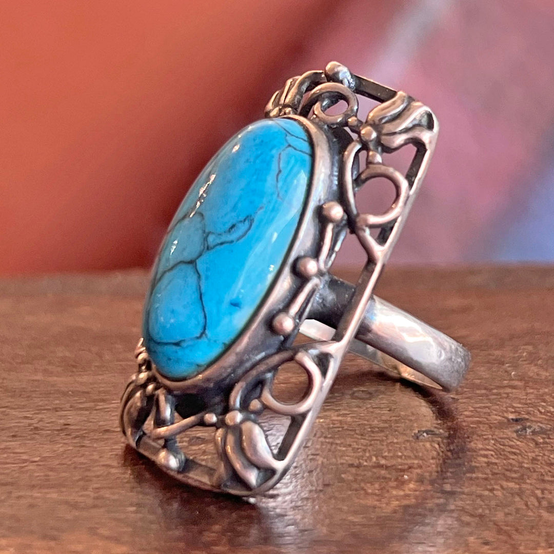Antique Arts and Crafts Ring Silver Blue Glass Bernard Instone, c.1910