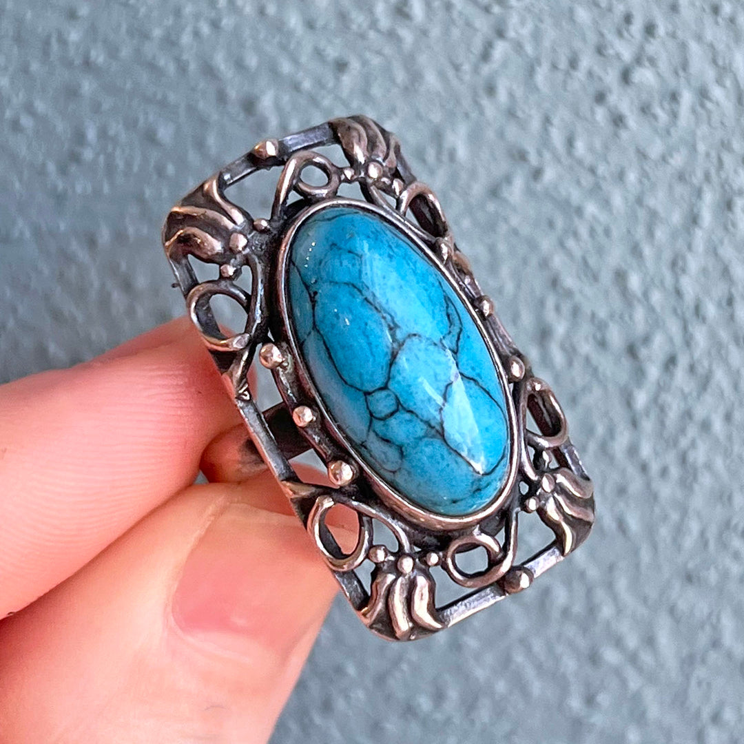 Antique Arts and Crafts Ring Silver Blue Glass Bernard Instone, c.1910