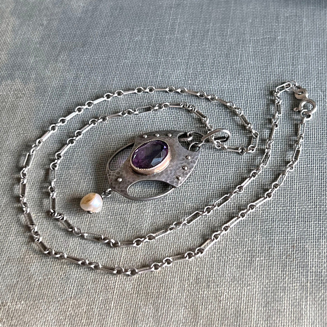 Antique Arts and Crafts Silver Amethyst Pearl Pendant Necklace, Murrle Bennett and Co., c.1910
