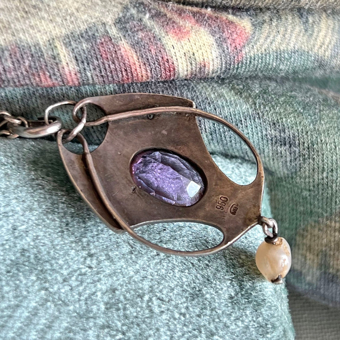 Antique Arts and Crafts Silver Amethyst Pearl Pendant Necklace, Murrle Bennett and Co., c.1910