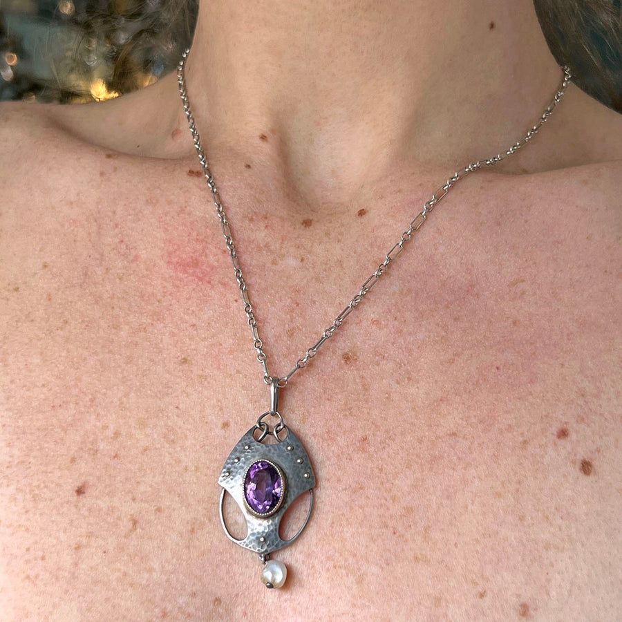 Antique Arts and Crafts Silver Amethyst Pearl Pendant Necklace, Murrle Bennett and Co., c.1910