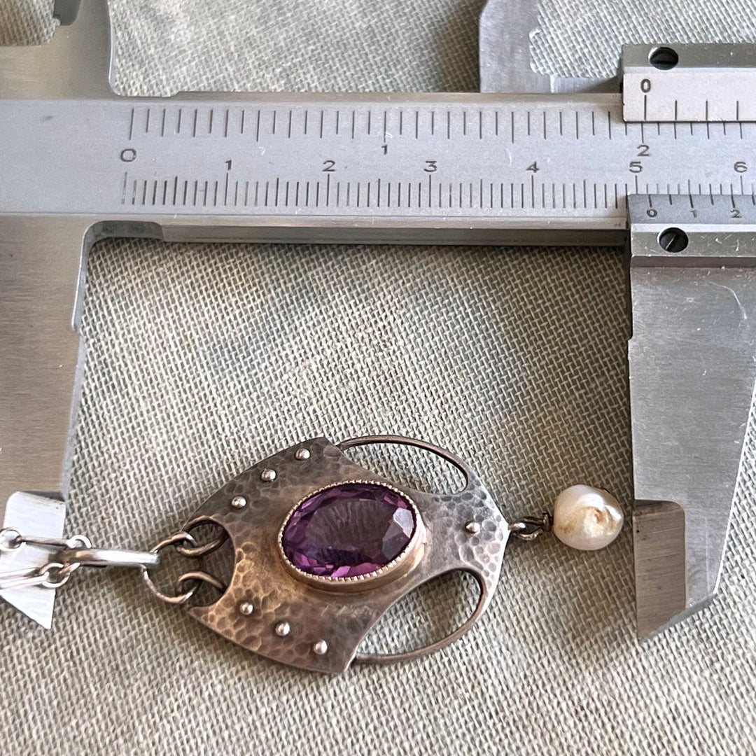 Antique Arts and Crafts Silver Amethyst Pearl Pendant Necklace, Murrle Bennett and Co., c.1910