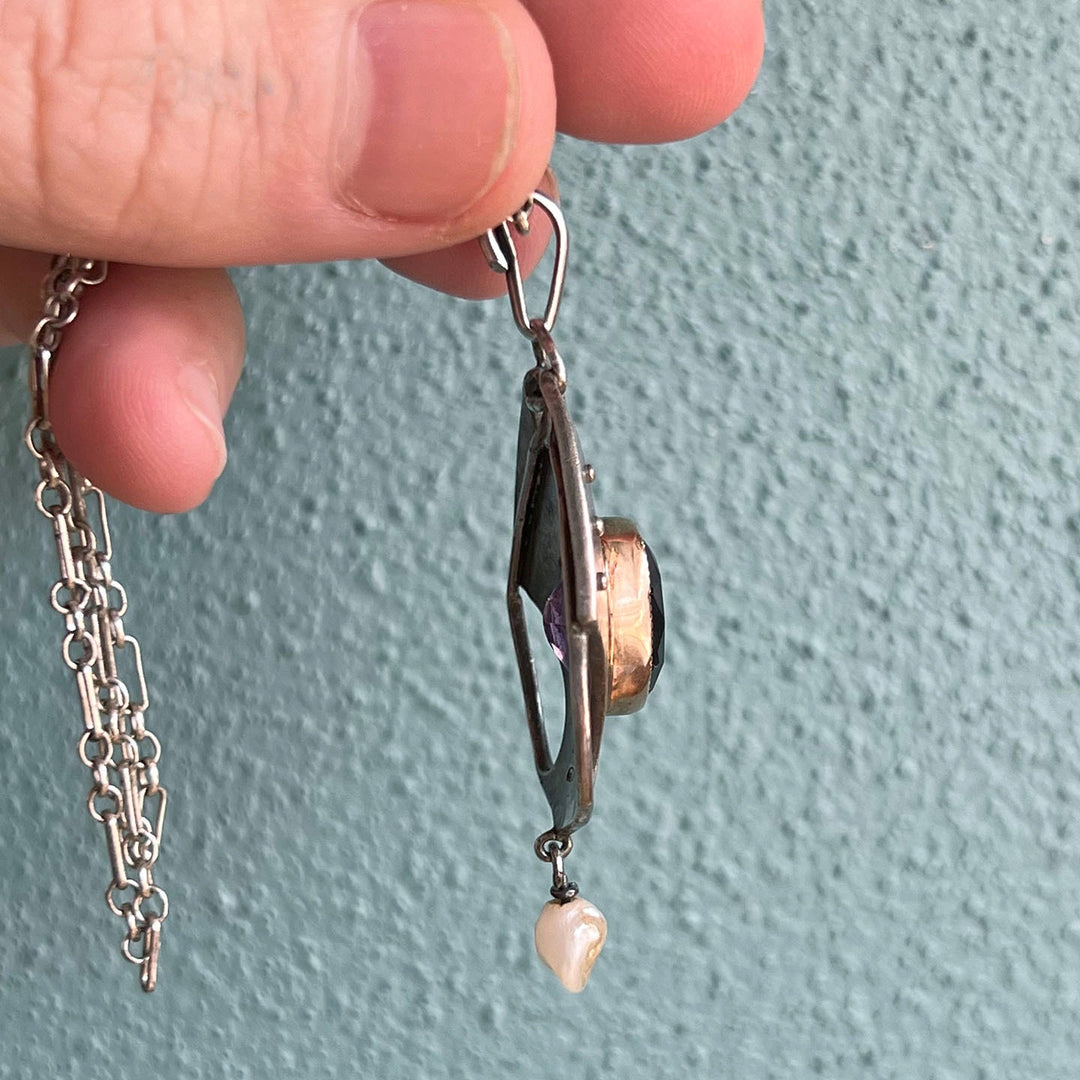 Antique Arts and Crafts Silver Amethyst Pearl Pendant Necklace, Murrle Bennett and Co., c.1910