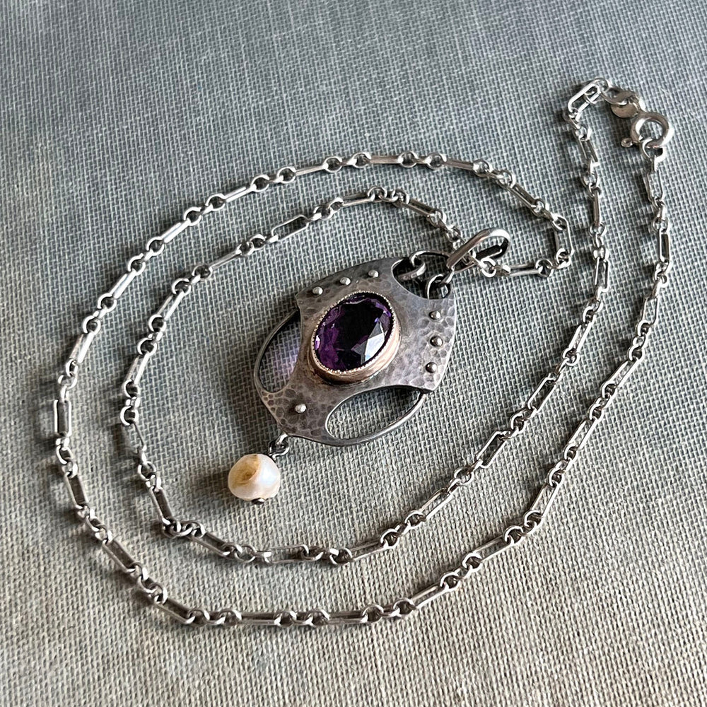 Antique Arts and Crafts Silver Amethyst Pearl Pendant Necklace, Murrle Bennett and Co., c.1910