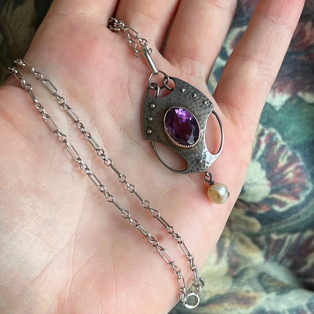 Antique Arts and Crafts Silver Amethyst Pearl Pendant Necklace, Murrle Bennett and Co., c.1910