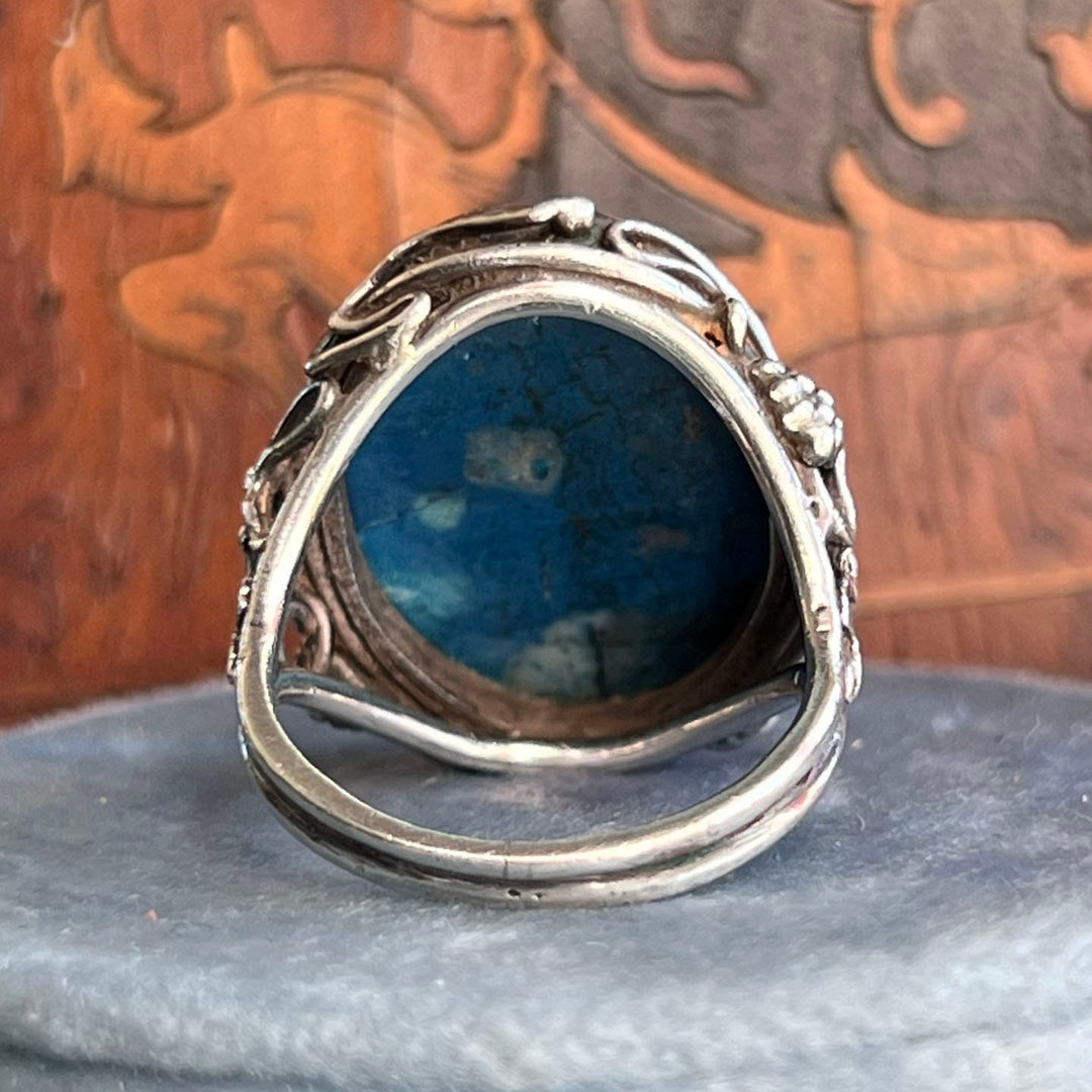 Detail of blue agate set in Arts and Crafts ring