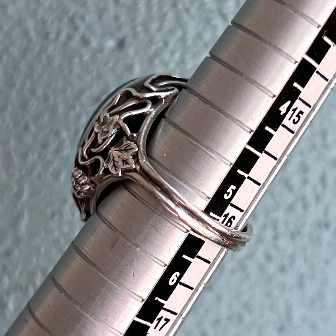 Detail of blue agate set in Arts and Crafts ring