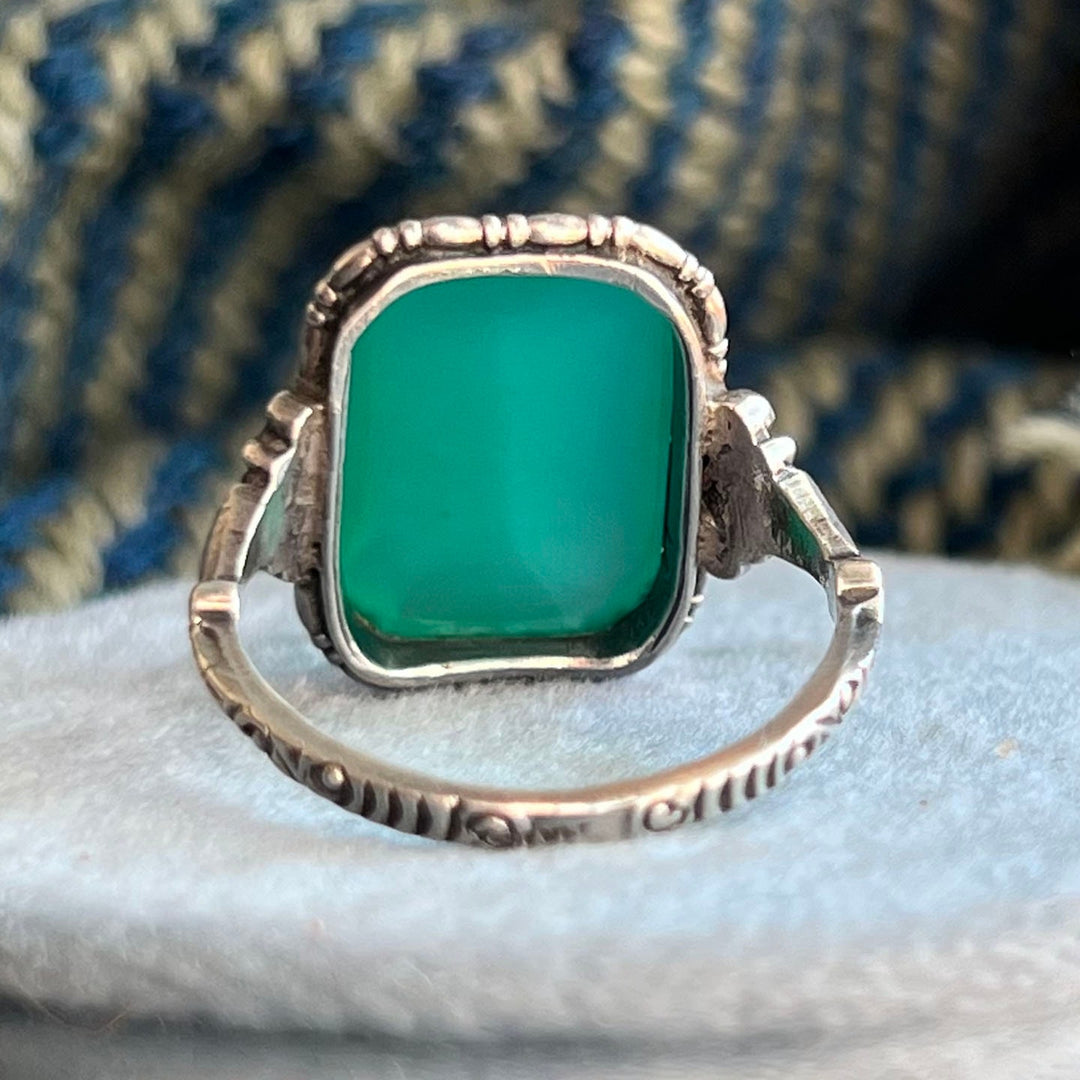 Antique Arts and Crafts Silver Green Chalcedony Ring c. 1910 Rectangular Cushion Chalcedony Ring Size 6.5