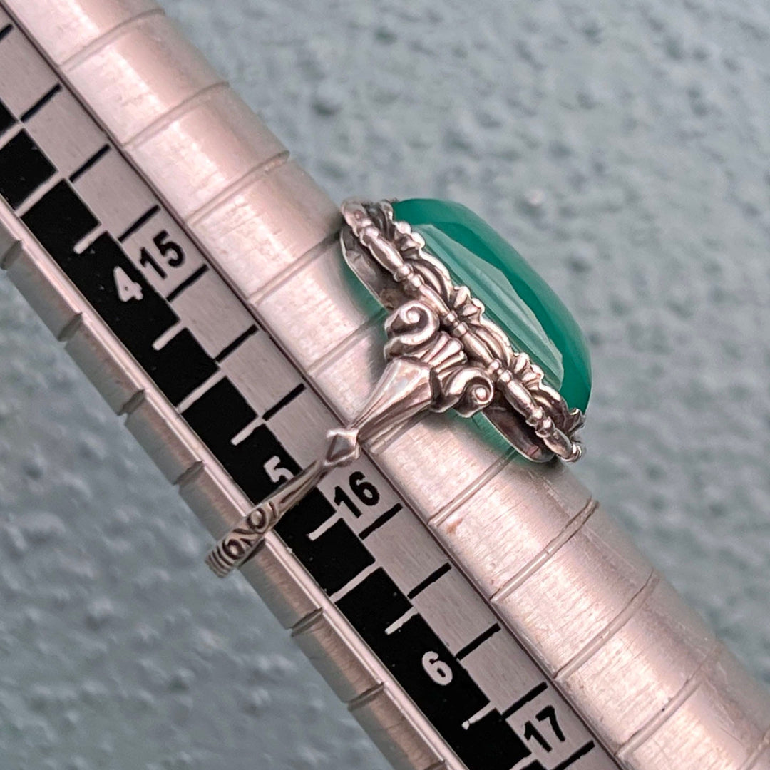 Antique Arts and Crafts Silver Green Chalcedony Ring c. 1910 Rectangular Cushion Chalcedony Ring Size 6.5
