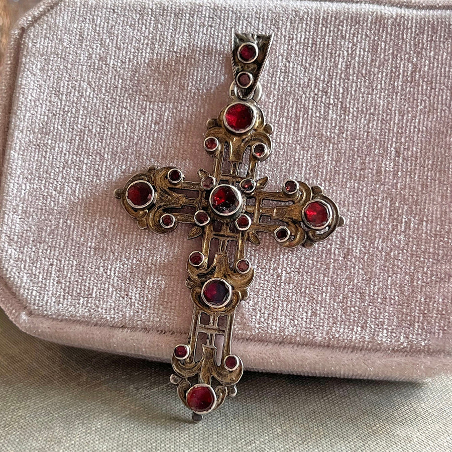Antique Austro-Hungarian Cross Pendant Silver Garnet, c. 1870