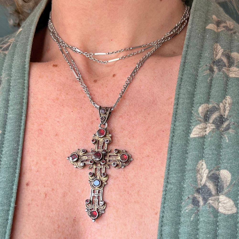 Antique Austro-Hungarian Cross Pendant Silver Garnet, c. 1870