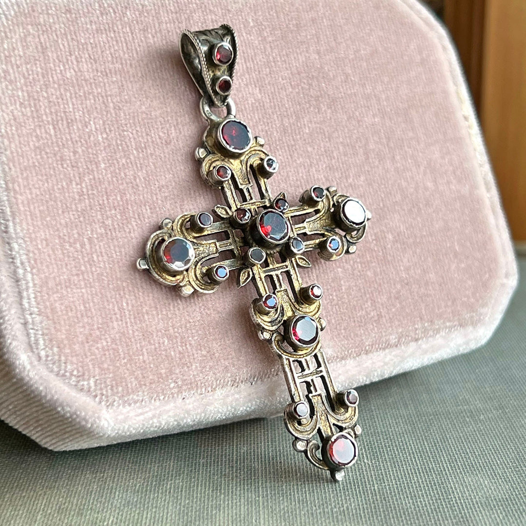 Antique Austro-Hungarian Cross Pendant Silver Garnet, c. 1870