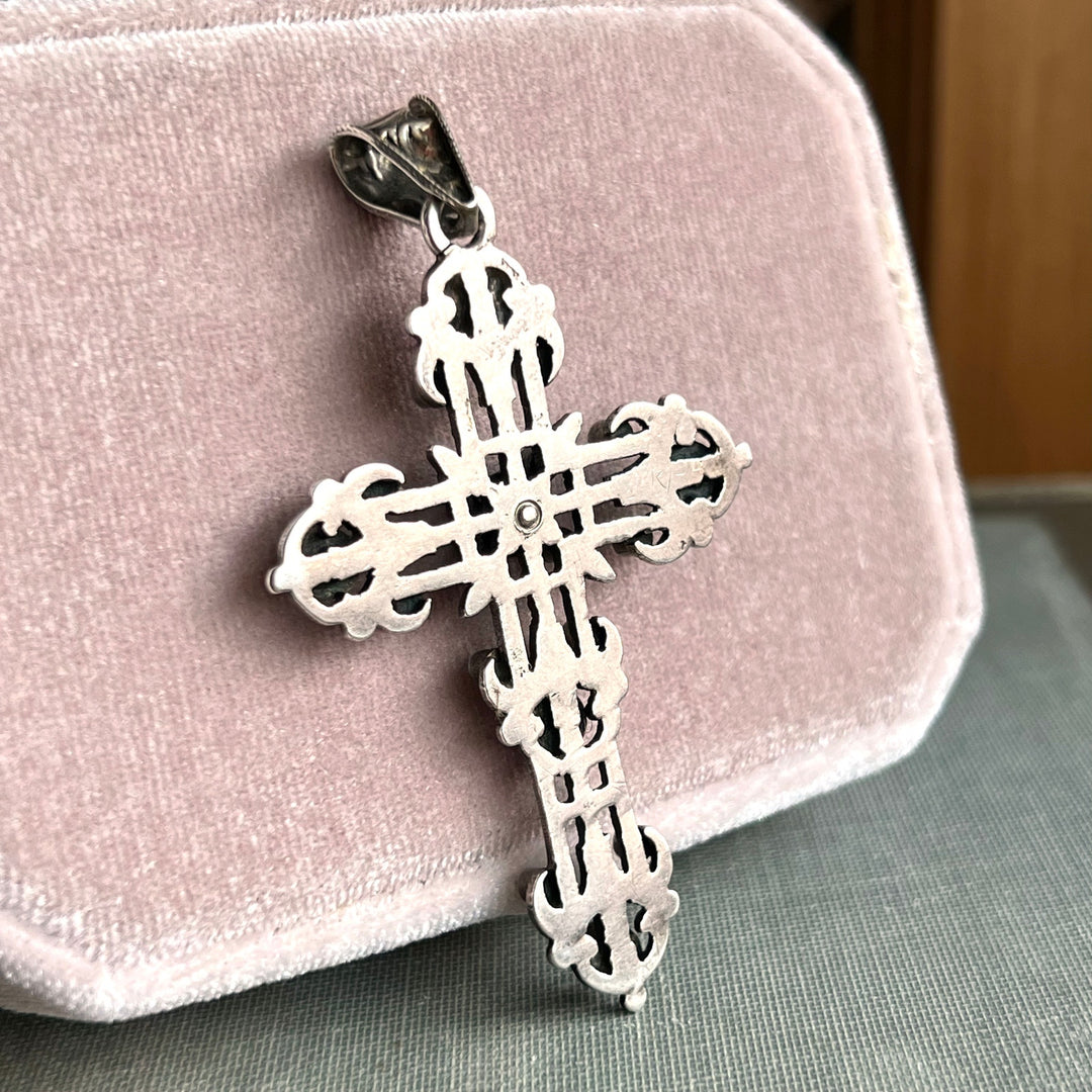 Antique Austro-Hungarian Cross Pendant Silver Garnet, c. 1870