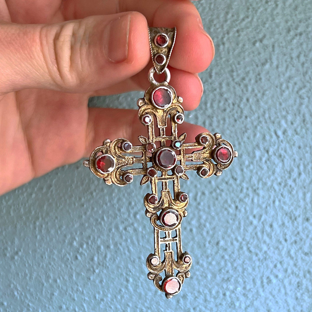 Antique Austro-Hungarian Cross Pendant Silver Garnet, c. 1870